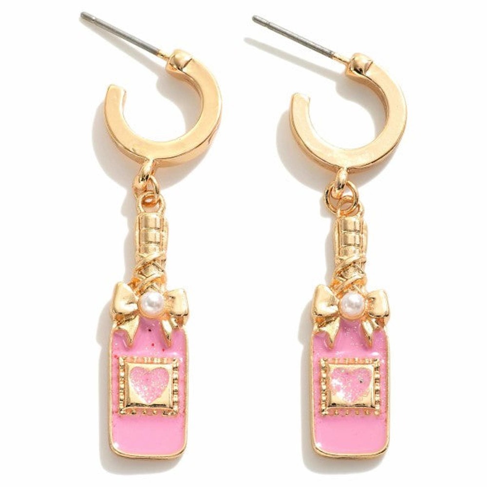 Pink Enamel Champagne Heart Pearl Dangle Charm Huggie Hoop Earrings - Picture 1 of 3